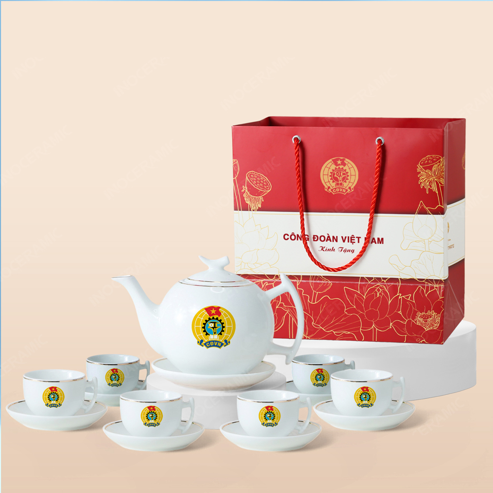 Quà tặng Công đoàn - Bộ ấm trà Bưởi cành trắng kẻ chỉ vàng in logo
