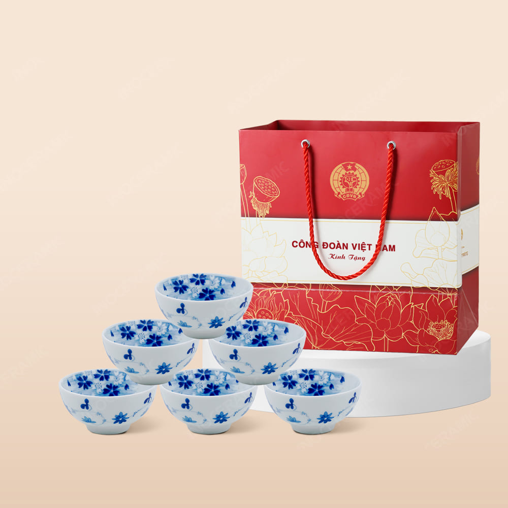 Quà tặng Công đoàn - Bộ 06 chén cơm mai xanh in logo