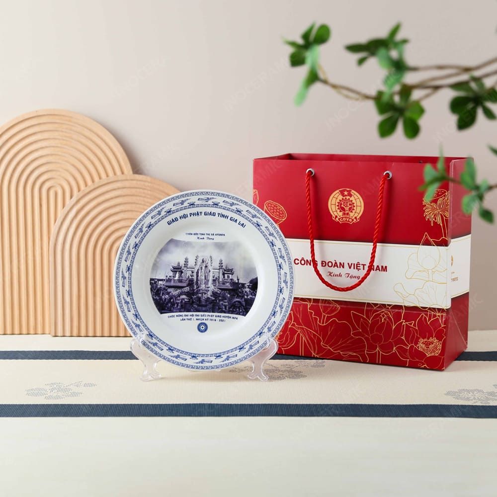 Quà tặng Công Đoàn - Đĩa trưng bày viền chim hạc xanh in logo