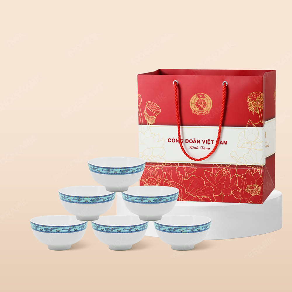 Quà tặng Công đoàn - Bộ 6 chén cơm hạc xanh in logo