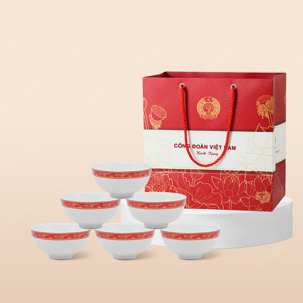 Quà tặng Công đoàn - Bộ 06 chén cơm viền hạc đỏ in logo
