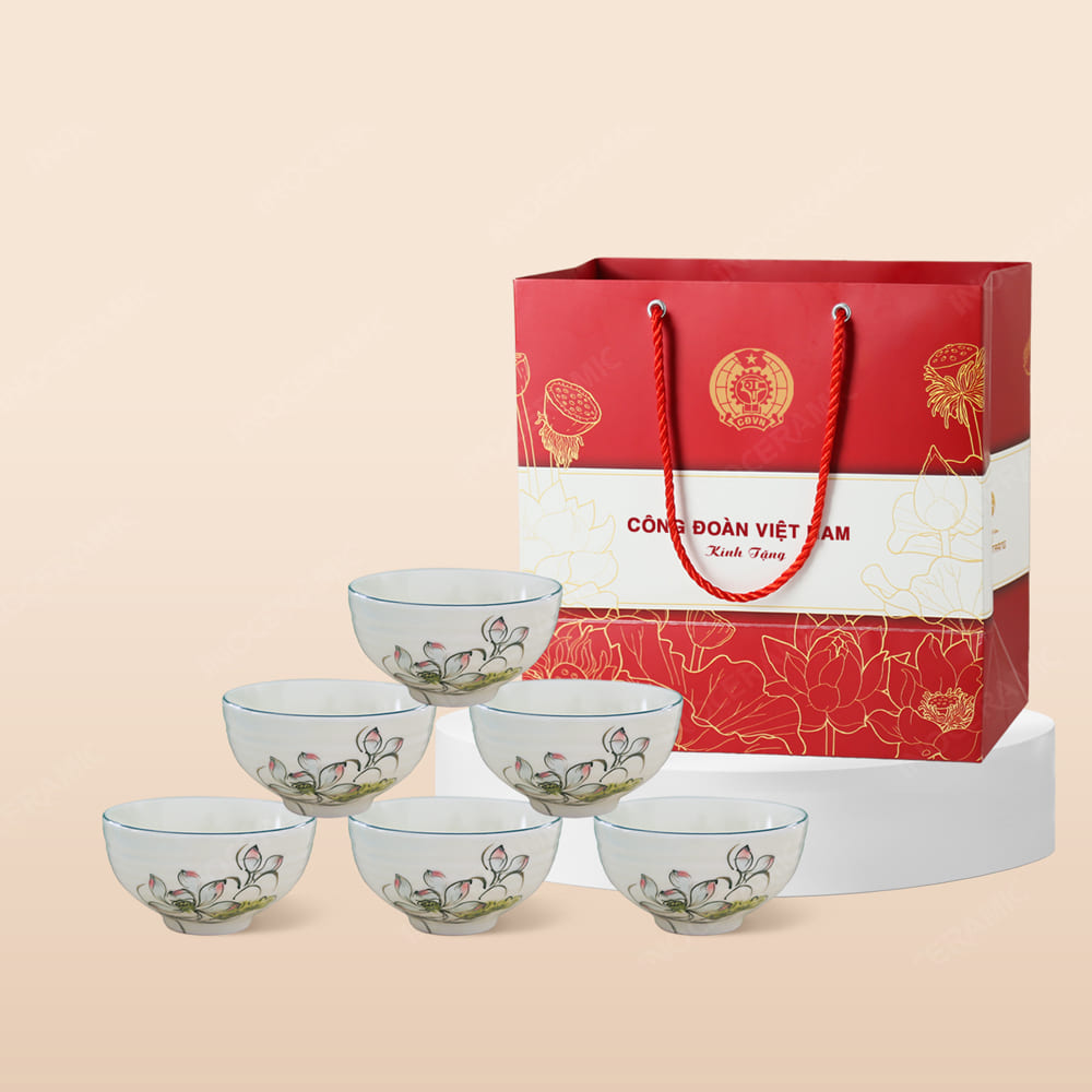 Quà tặng Công đoàn - Bộ 06 chén cơm men kem sen lam in logo
