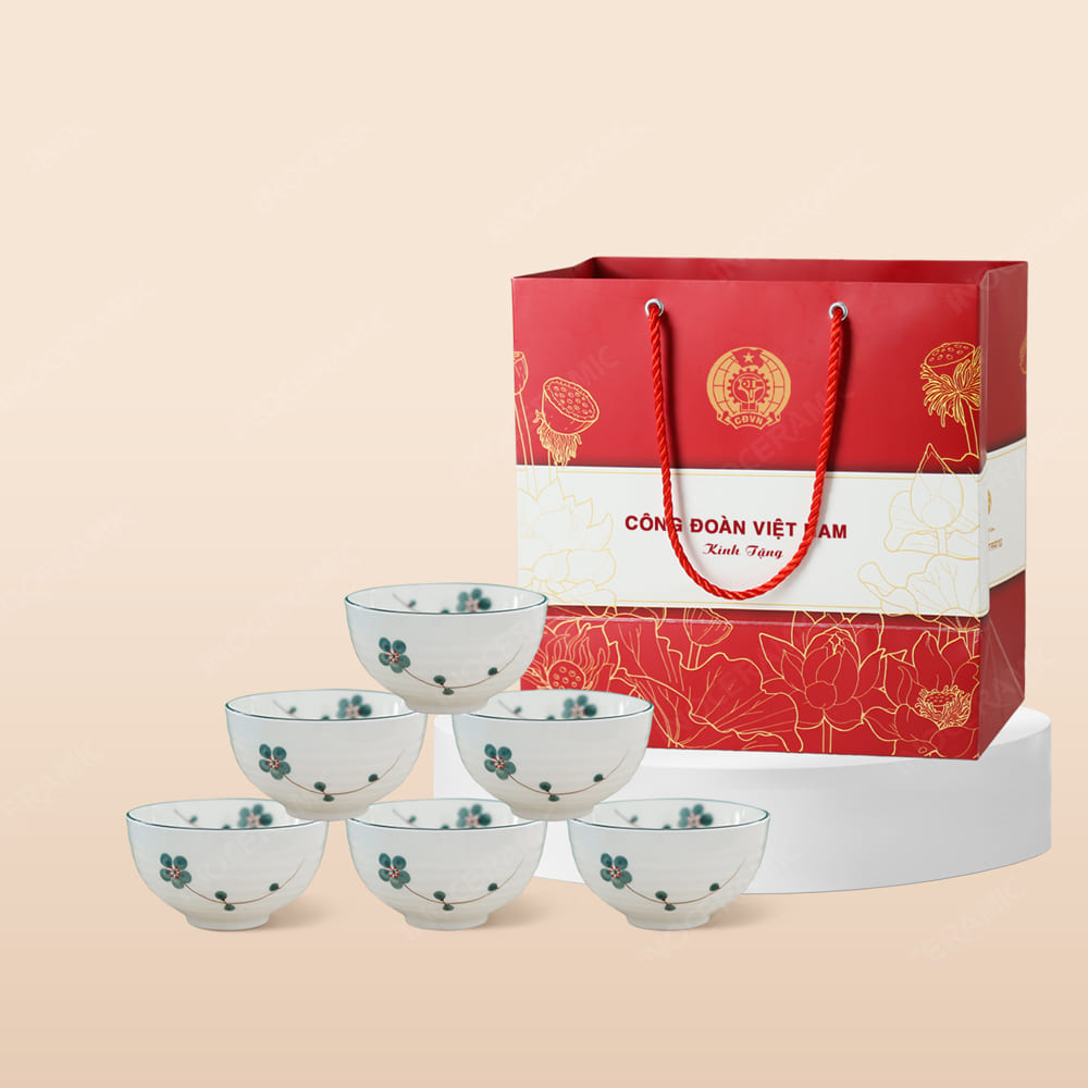 Quà tặng Công đoàn - Bộ 06 chén cơm men kem mai xanh in logo
