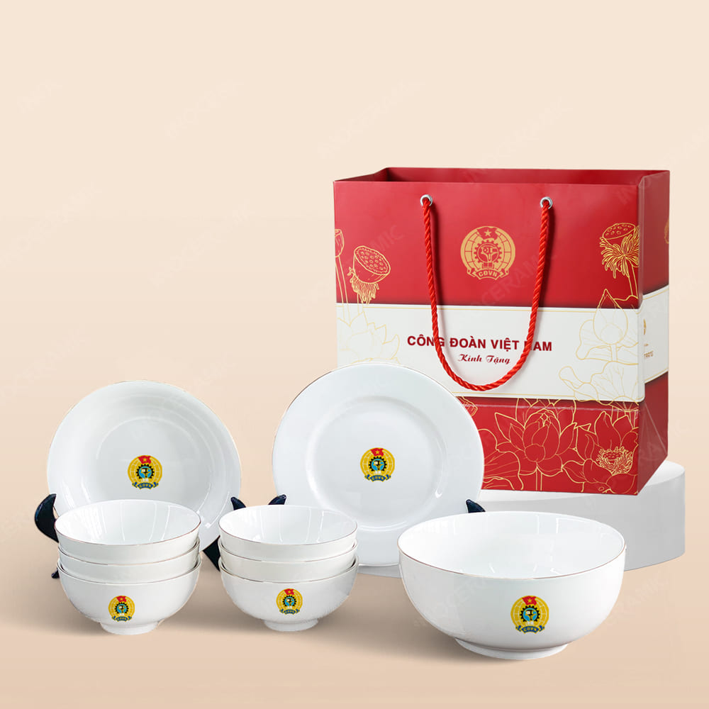 Quà tặng Công đoàn - Bộ bàn ăn trắng 9 món in logo