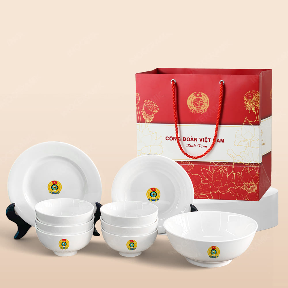 Quà tặng Công đoàn - Bộ bàn ăn trắng 9 món kẻ chỉ vàng in logo
