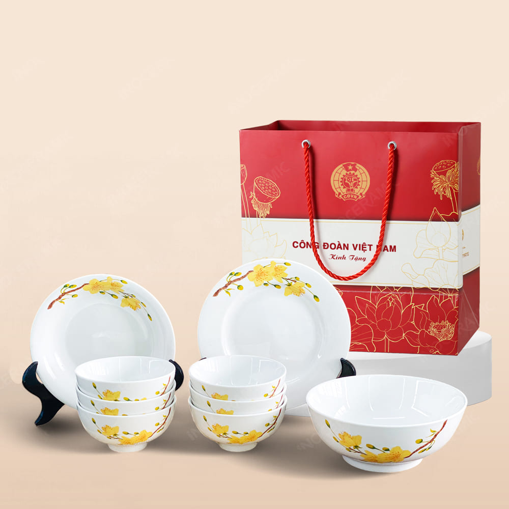 Quà tặng Công đoàn - Bộ bàn ăn 9 món hoa mai in logo