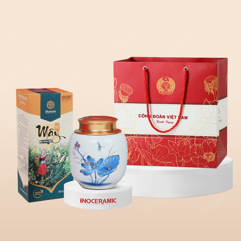 Quà tặng Công đoàn - Giftset hũ trà men trắng sen lam chỉ vàng kèm hộp trà