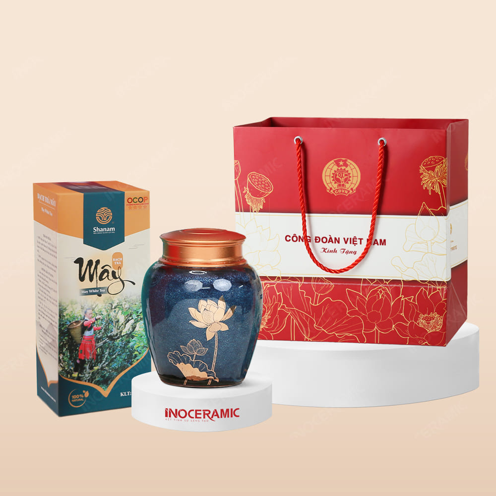 Quà tặng Công đoàn - Giftset hũ trà men lam sen vàng in logo kèm hộp trà