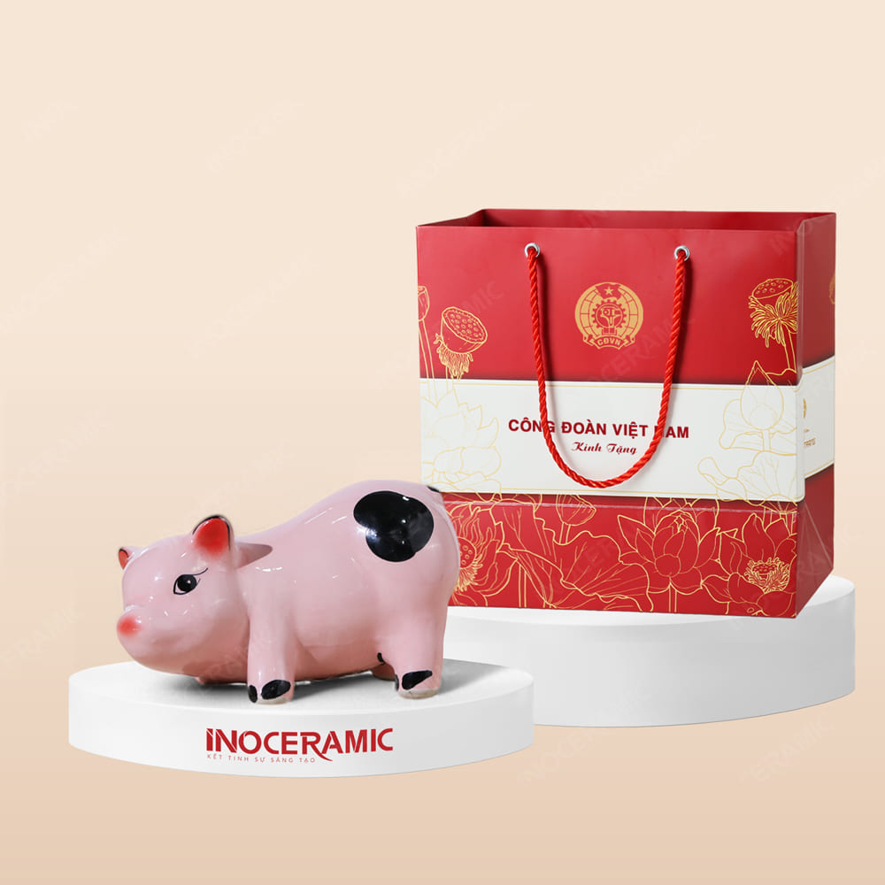 Quà tặng Công đoàn - Ống heo đất tiết kiệm màu hồng cute in logo