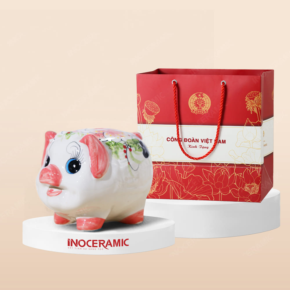 Quà tặng Công đoàn - Ống heo đất tiết kiệm dễ thương Bát Tràng in logo