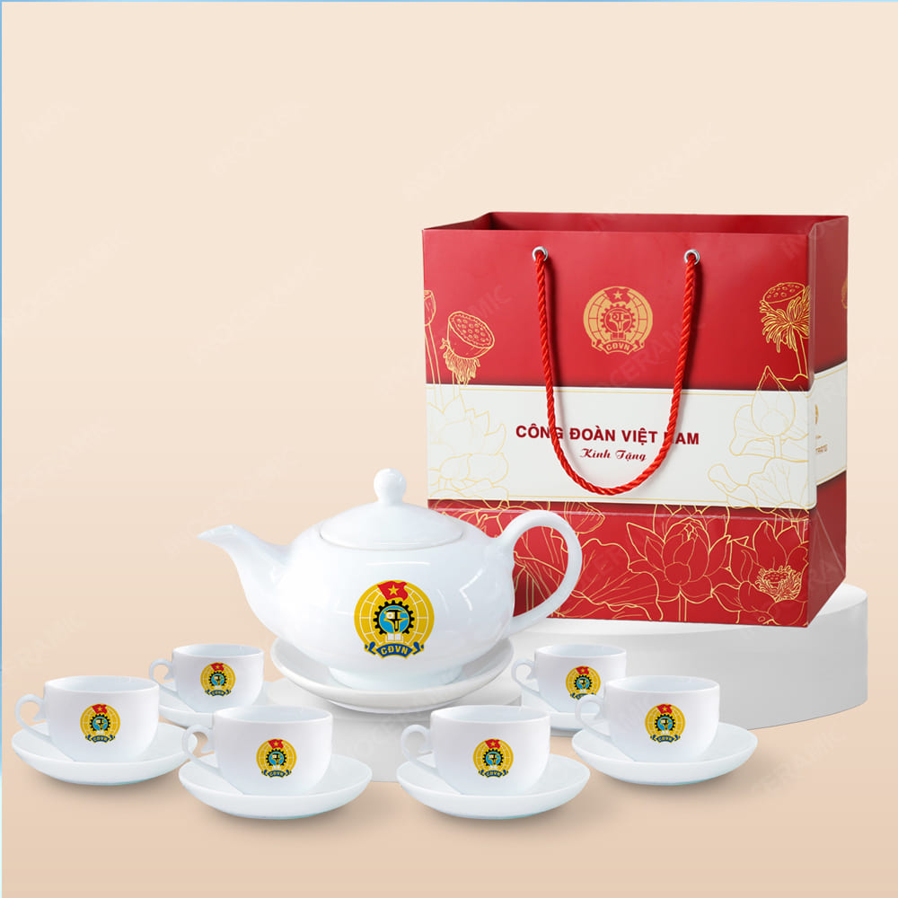 Quà tặng Công đoàn - Bộ ấm trà Minh Nguyệt trắng kẻ chỉ vàng in logo