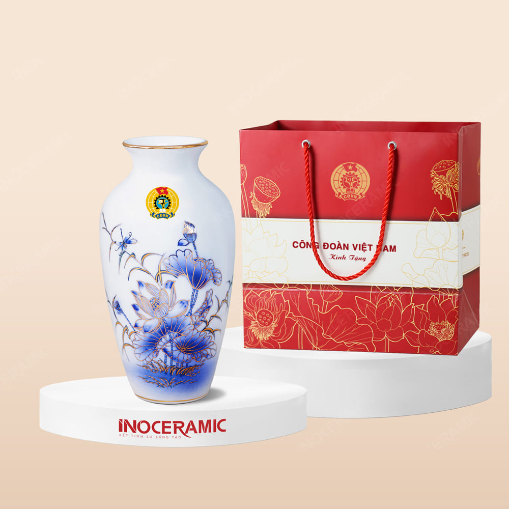 Quà tặng Công đoàn - Lọ hoa vẽ sen xanh chỉ vàng H27