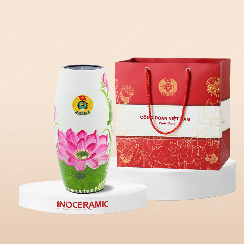 Quà tặng Công đoàn - Lọ hoa bom sơn mài vẽ sen