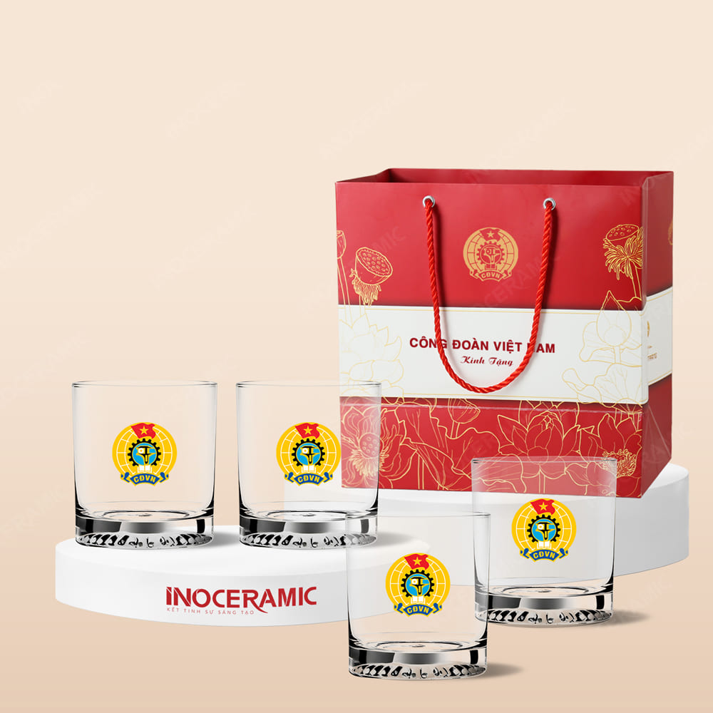 Quà tặng Công đoàn - Bộ 4 ly thủy tinh cao cấp in logo