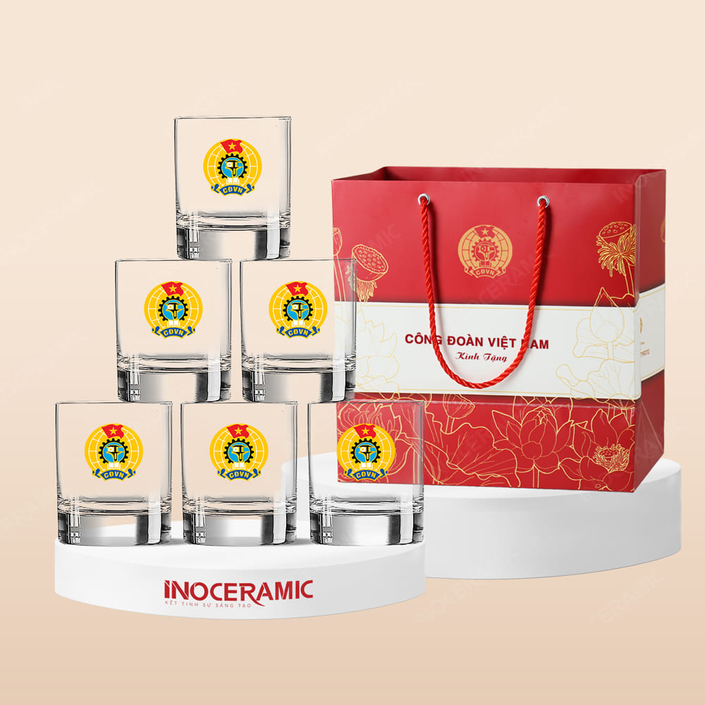 Quà tặng Công đoàn - Bộ 6 ly thủy tinh in logo cao cấp