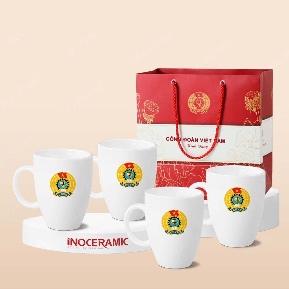 Quà tặng Công đoàn - Giftset 04 ly sứ bầu quai C trắng 350ml