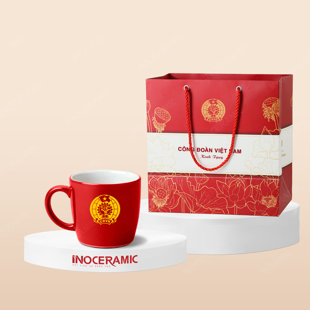Quà tặng Công đoàn - Ly sứ quai C lùn men bóng in logo