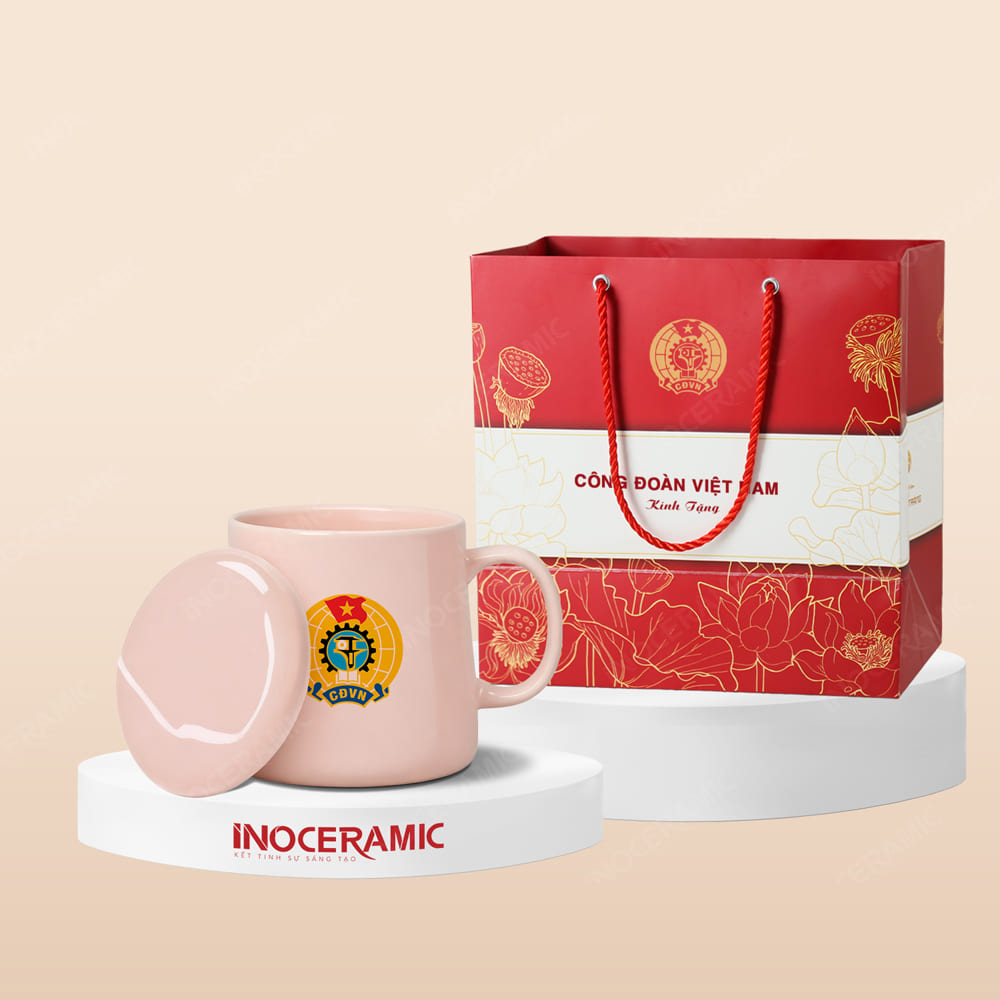 Quà tặng Công đoàn - Ly sứ hiện đại quai C có nắp full màu