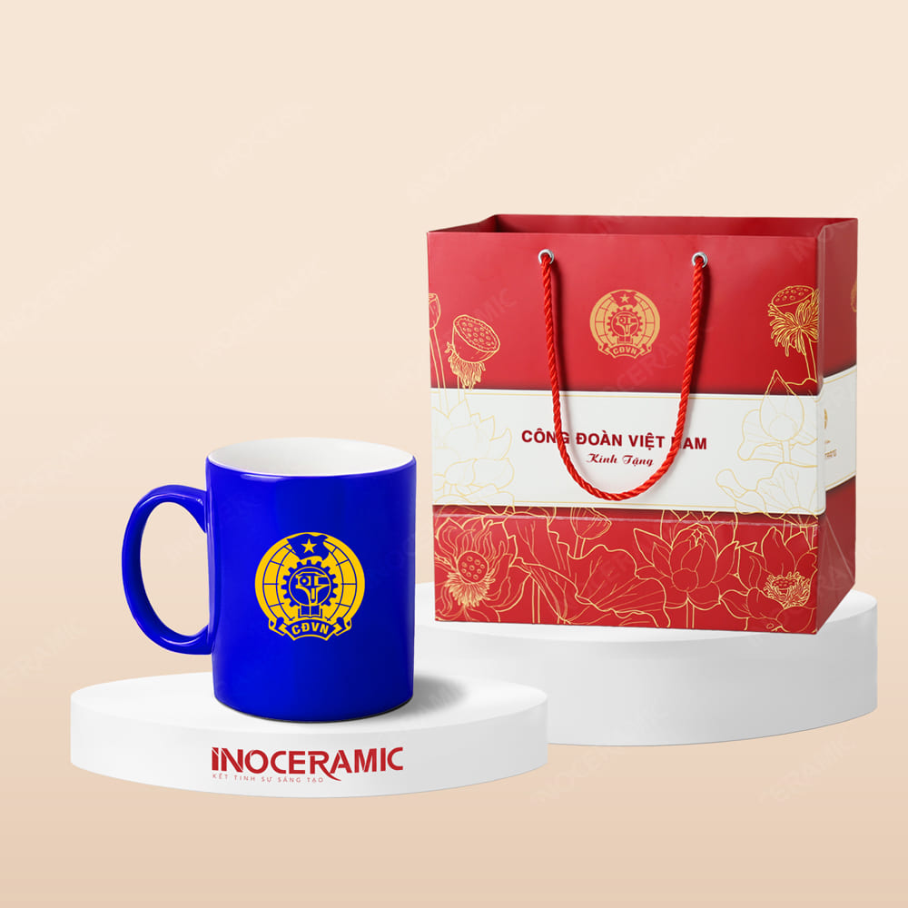 Quà tặng Công đoàn - Ly sứ trụ quai C men bóng in logo