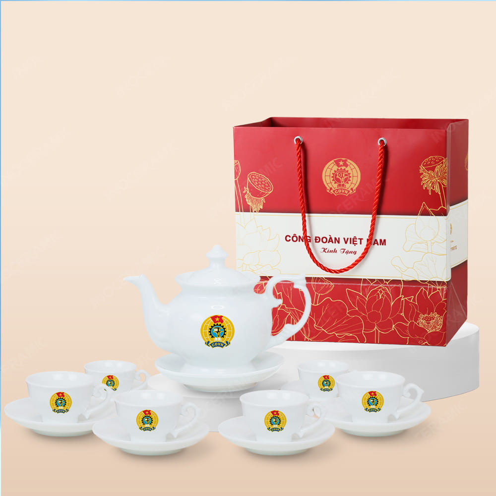 Quà tặng Công Đoàn - Bộ ấm trà Đài Các men trắng in logo