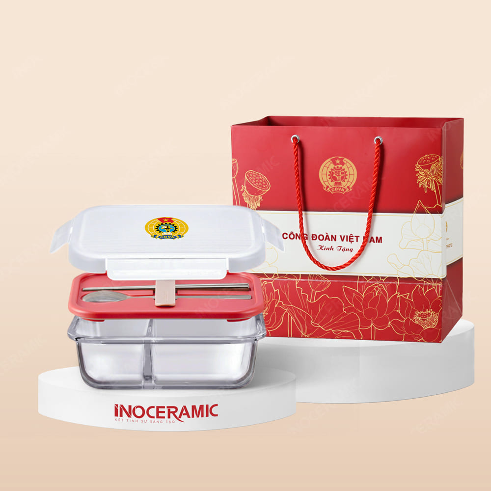 Quà tặng Công đoàn - Hộp thủy tinh đựng thực phẩm 2 ngăn in logo