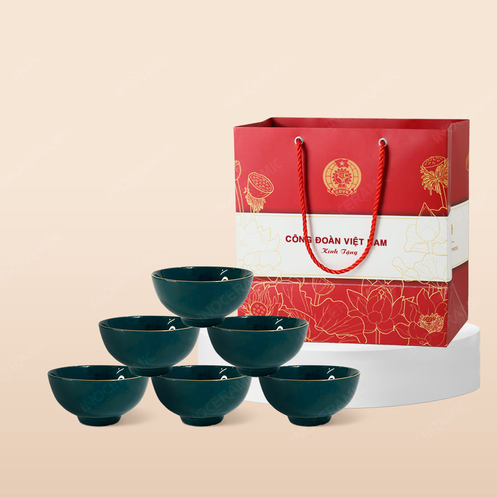 Quà tặng Công đoàn - Bộ 06 chén cơm men lam chỉ vàng in logo