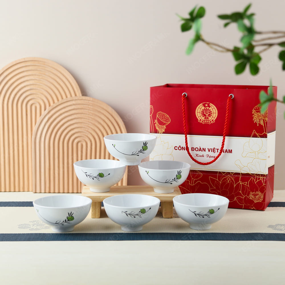 Quà tặng Công đoàn - Bộ 6 chén cơm mai xanh in logo