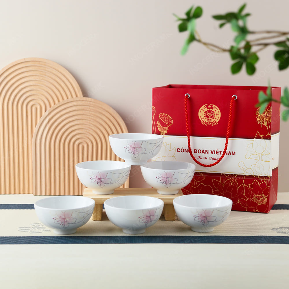 Quà tặng Công Đoàn - bộ 6 chén cơm họa tiết hoa Tuyết Mai in logo