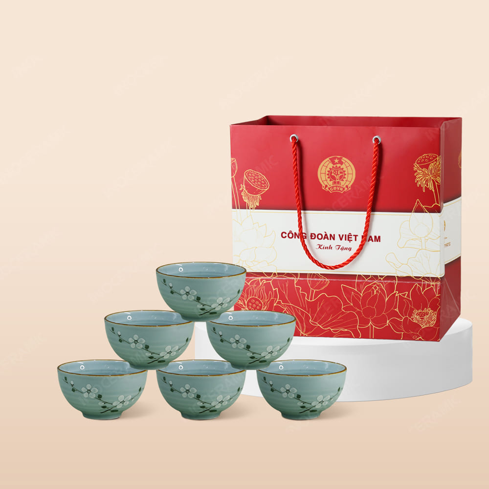 Quà tặng Công đoàn - Bộ 06 chén cơm men lam đào trắng in logo