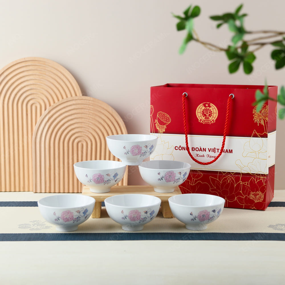 Quà tặng Công Đoàn - Bộ 6 chén trắng họa tiết hoa Mẫu Đơn in logo
