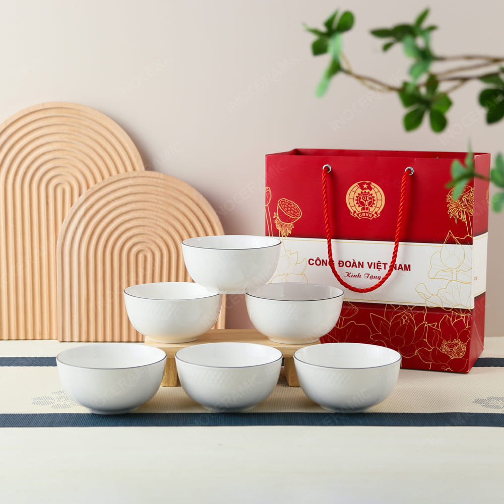 Quà tặng Công Đoàn - Bộ 6 chén trắng kẻ chỉ vàng in logo