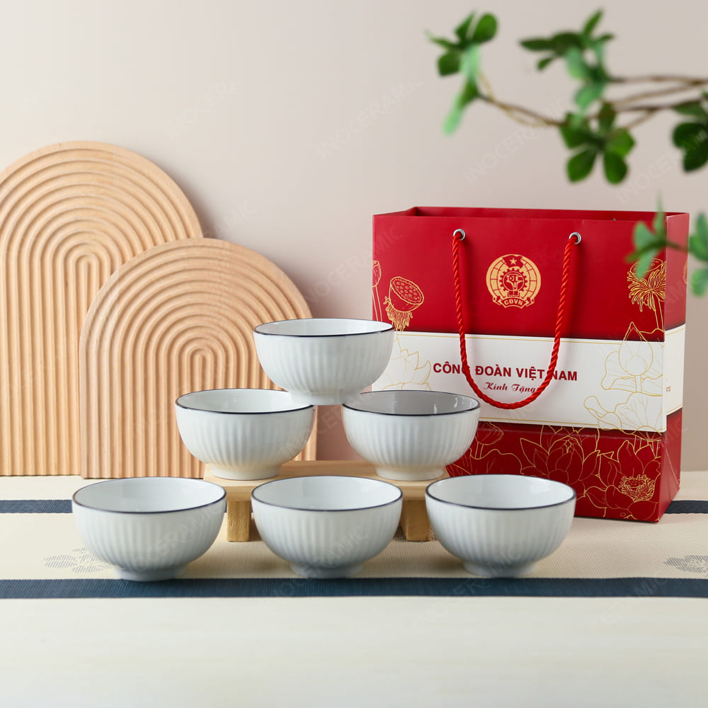 Quà tặng Công Đoàn - Bộ 6 chén trắng Trung Kiên sọc chỉ in logo