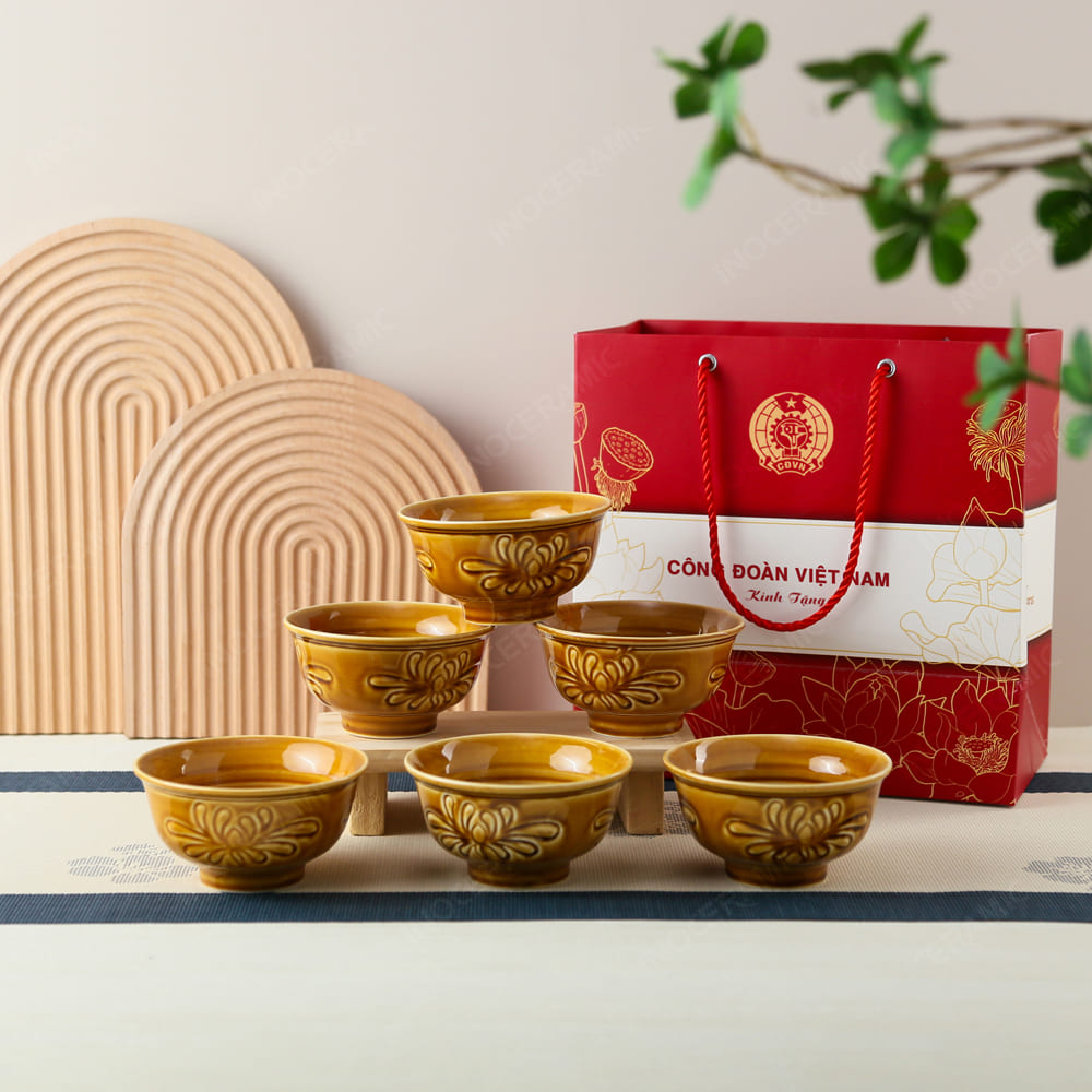 Quà tặng Công đoàn - Bộ 6 chén cơm hoàng thổ in logo