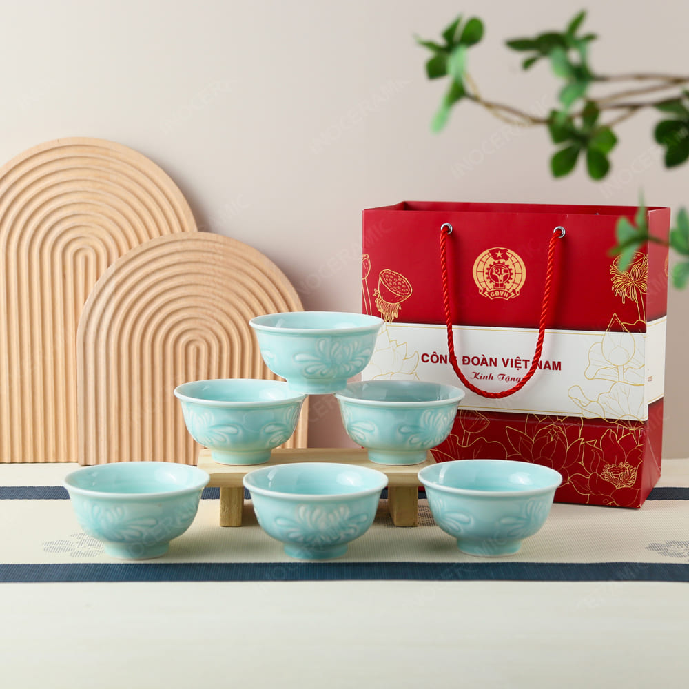 Quà tặng Công đoàn - Bộ 6 chén cơm men ngọc cao cấp in logo