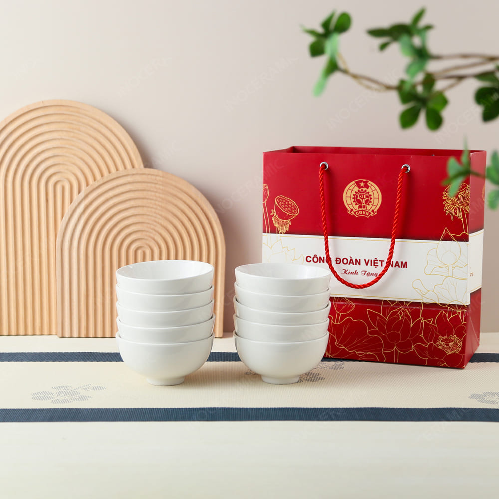 Quà tặng Công đoàn - Bộ 10 chén cơm men trắng Minh Châu cao cấp in logo
