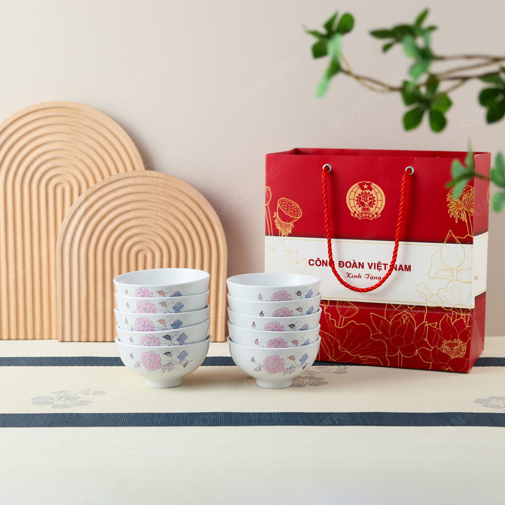 Quà tặng Công Đoàn - Bộ 10 chén họa tiết hoa Mẫu Đơn in logo