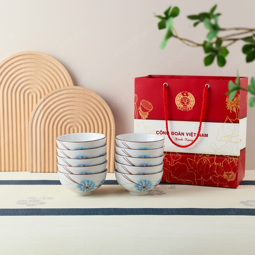 Quà tặng Công Đoàn - Bộ 10 chén họa tiết hoa Bồ Công Anh in logo
