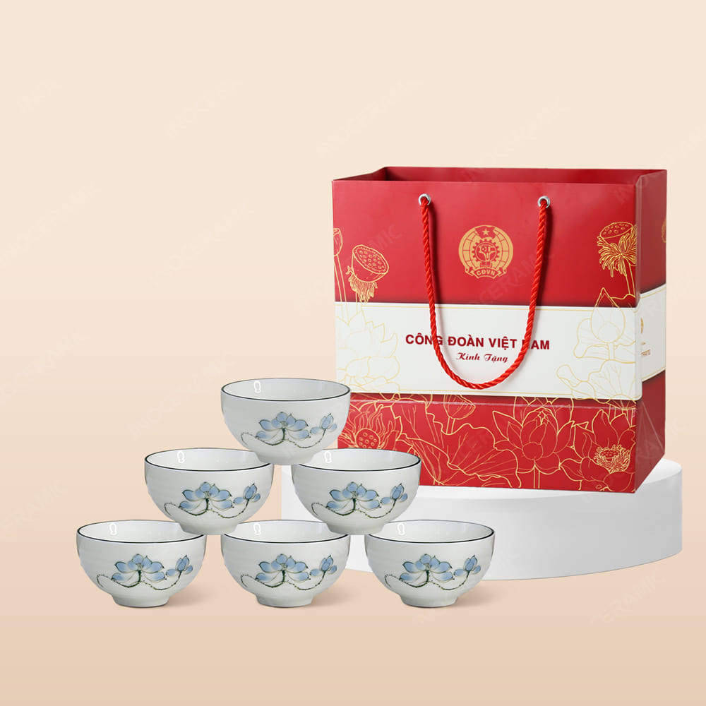 Quà tặng Công đoàn - Bộ 06 chén cơm men kem sen xanh in logo