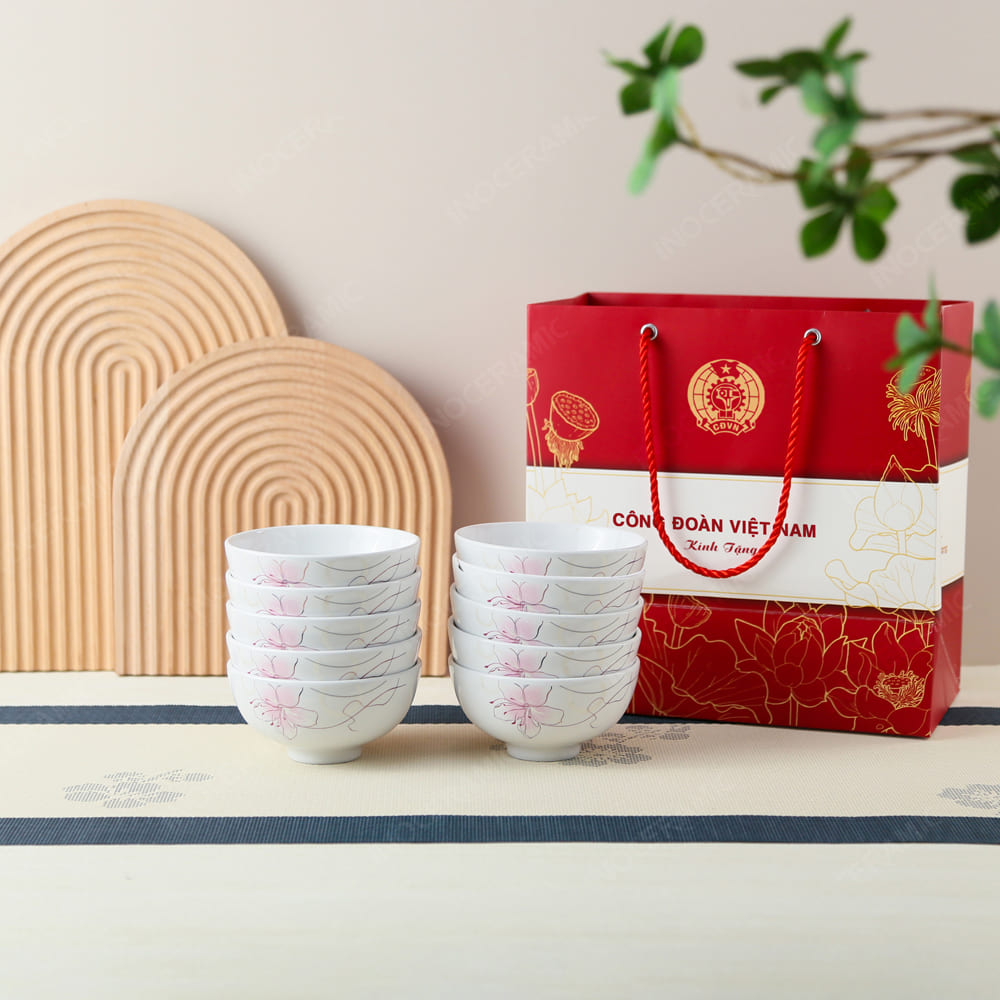 Quà tặng Công Đoàn - Bộ 10 chén họa tiết hoa Tuyết Mai in logo