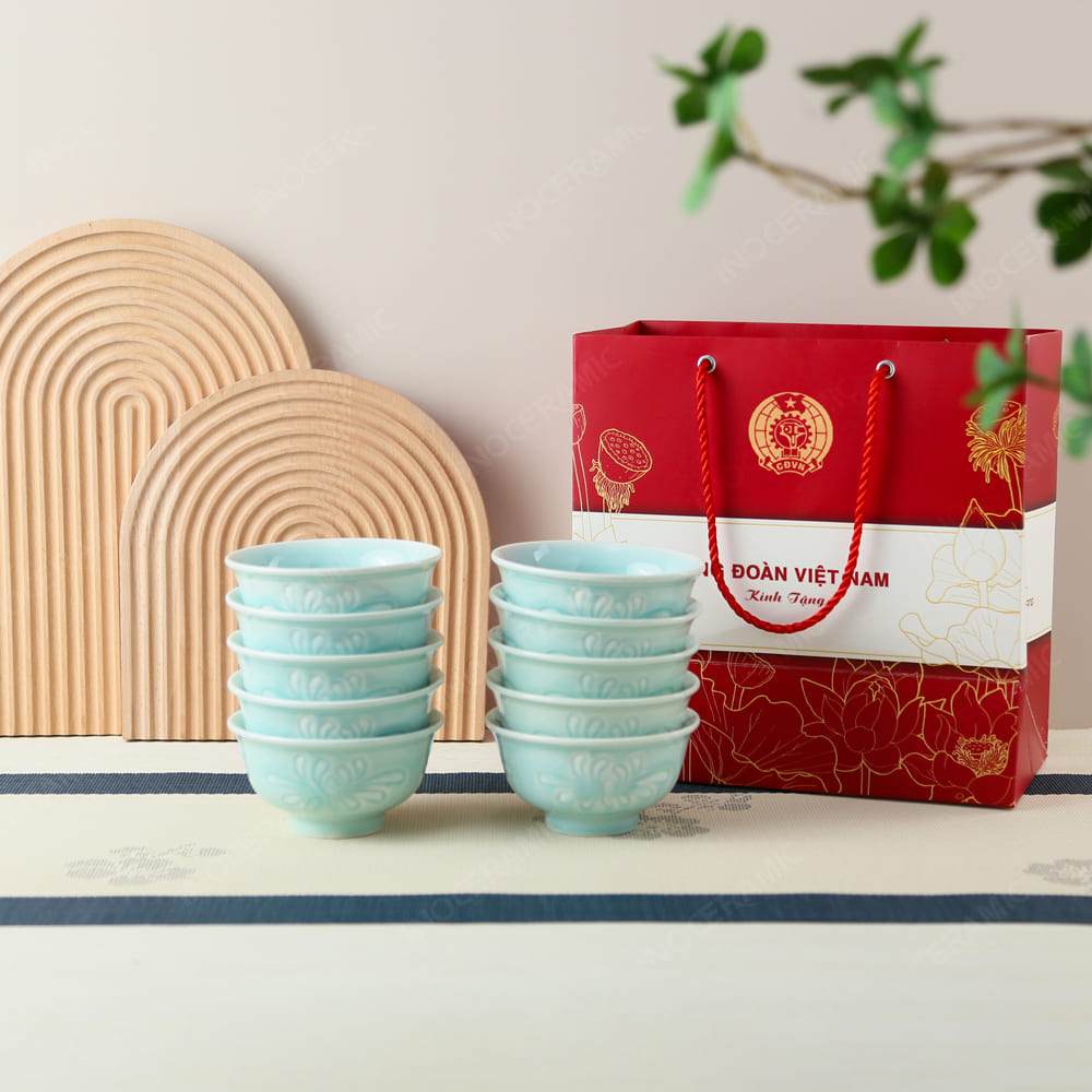 Quà tặng Công Đoàn - Bộ 10 chén men ngọc cao cấp in logo