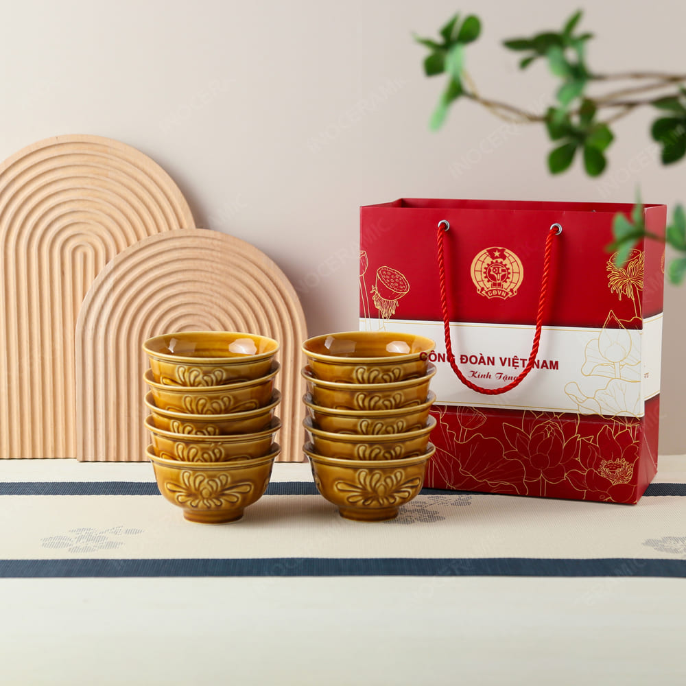 Quà tặng Công Đoàn - Bộ 10 chén Hoàng Thổ cao cấp in logo