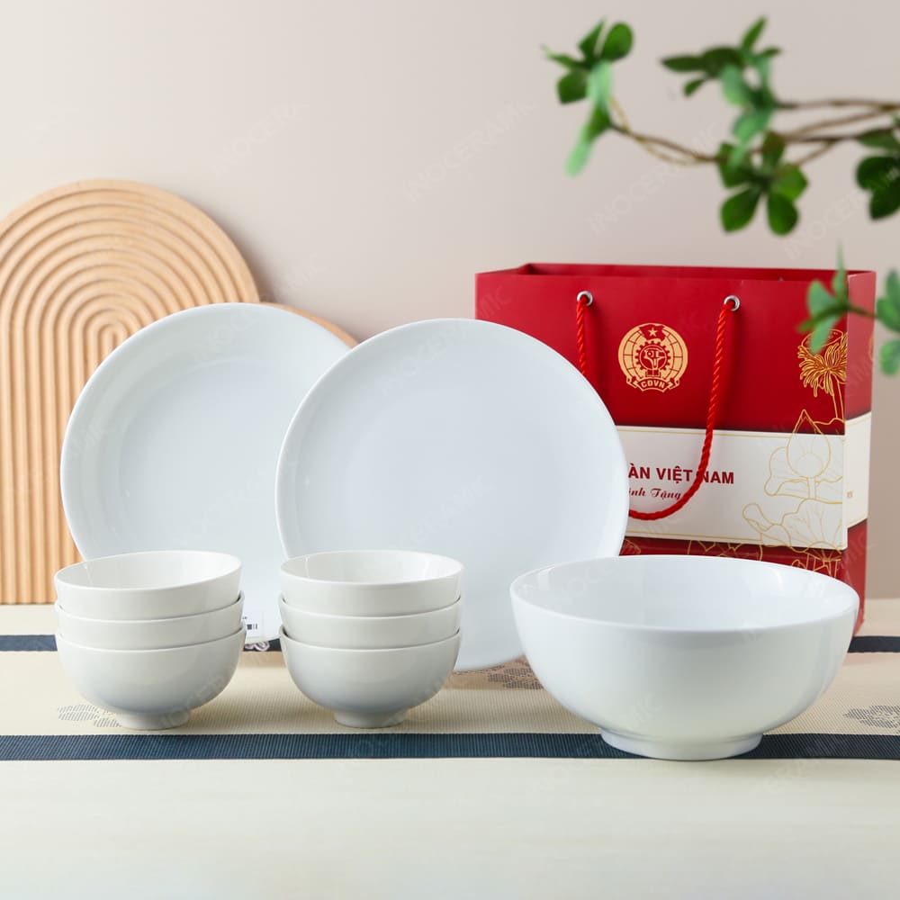 Quà tặng Công Đoàn - Bộ 6 chén 1 tô 2 đĩa men trắng in logo