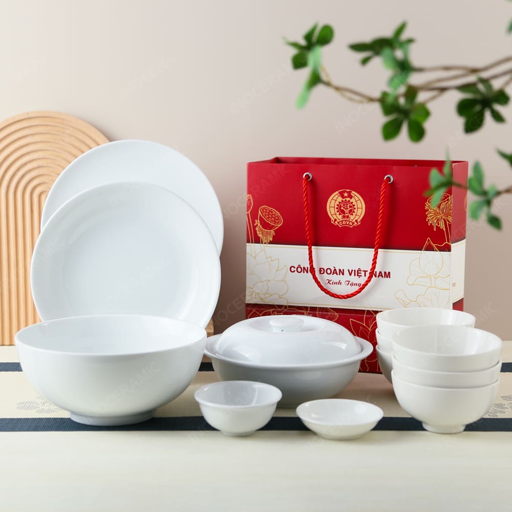 Quà tặng Công đoàn - Bộ bàn ăn 12 món Minh Châu trắng in logo