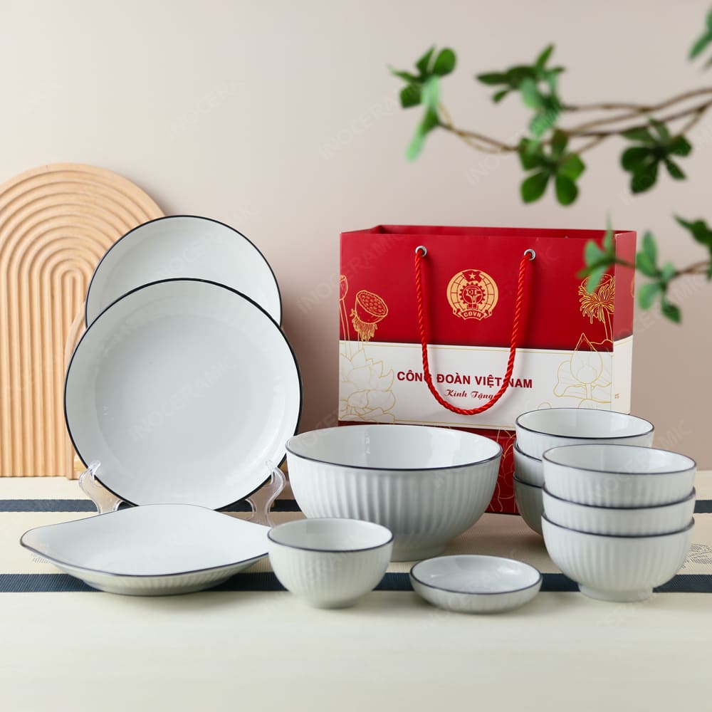 Quà tặng Công đoàn - Bộ bàn ăn 12 món kẻ sọc chỉ in logo