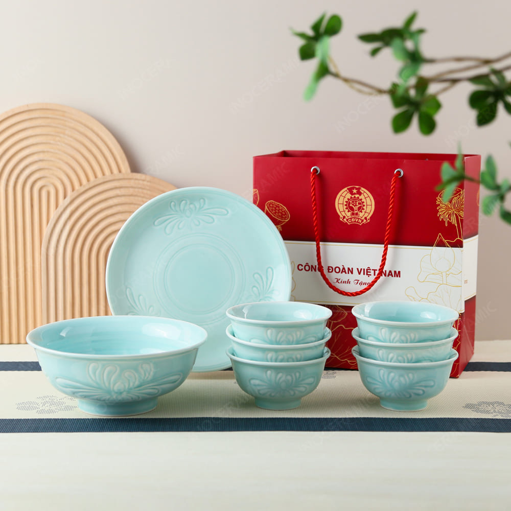 Quà tặng Công đoàn - Bộ bàn ăn 8 món men ngọc in logo