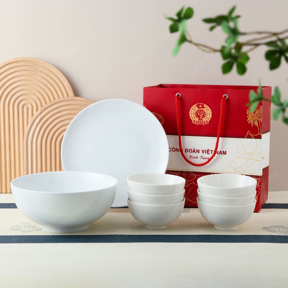 Quà tặng Công Đoàn - Bộ bàn ăn 8 món 1 bát 1 đĩa 6 chén men trắng in logo