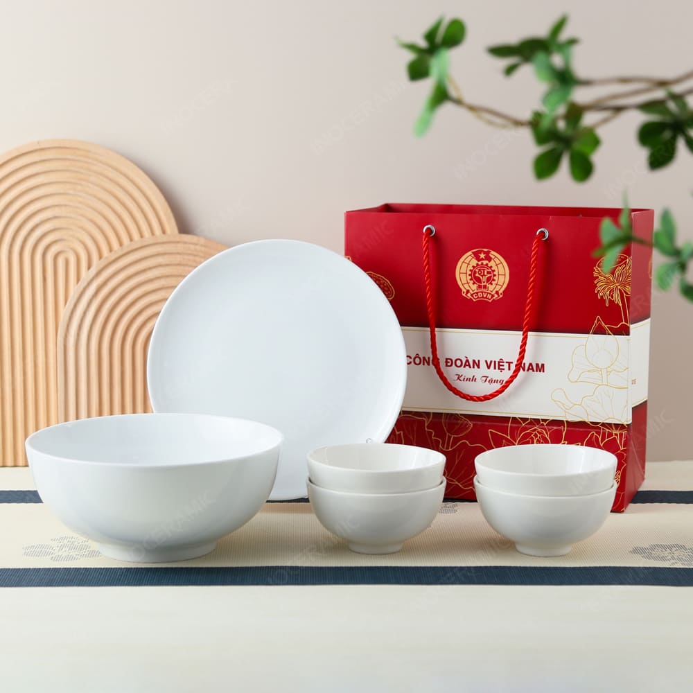 Quà tặng Công Đoàn - Bộ bàn ăn 6 món 1 bát 1 đĩa 4 chén men trắng in logo