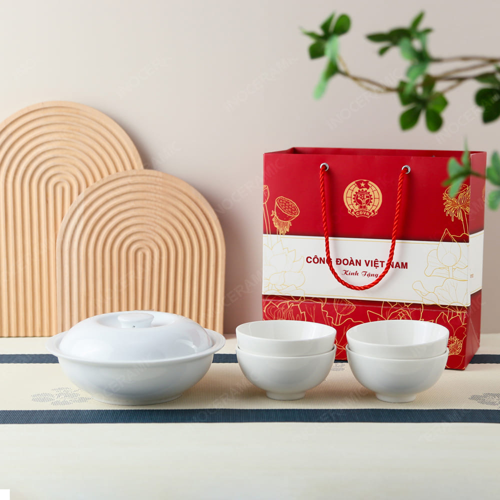Quà tặng Công Đoàn - Bộ 5 món 1 thố 4 chén men trắng in logo