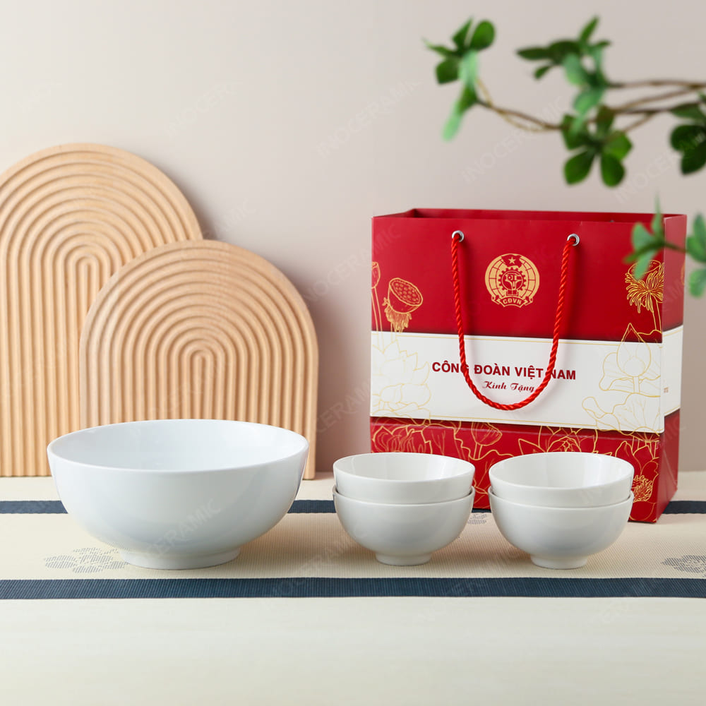 Quà tặng Công Đoàn - Bộ 5 món 1 bát 4 chén men trắng in logo