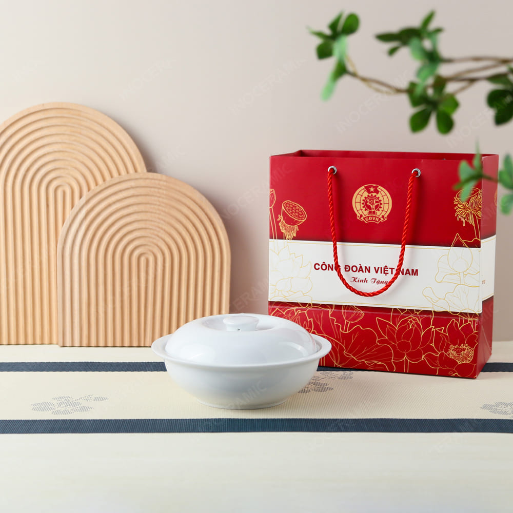 Quà tặng Công Đoàn - Thố cơm men trắng cao cấp in logo